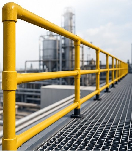Yellow SCORP FRP handrail along a grated walkway at a process plant