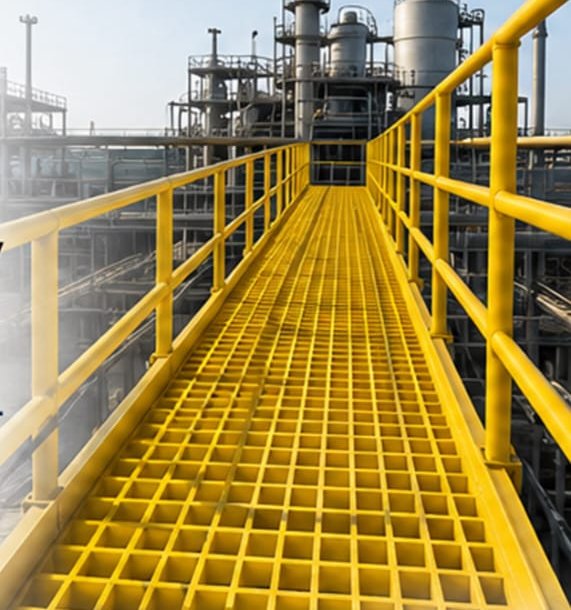 Yellow SCORP FRP grating walkway with handrails at an industrial plant