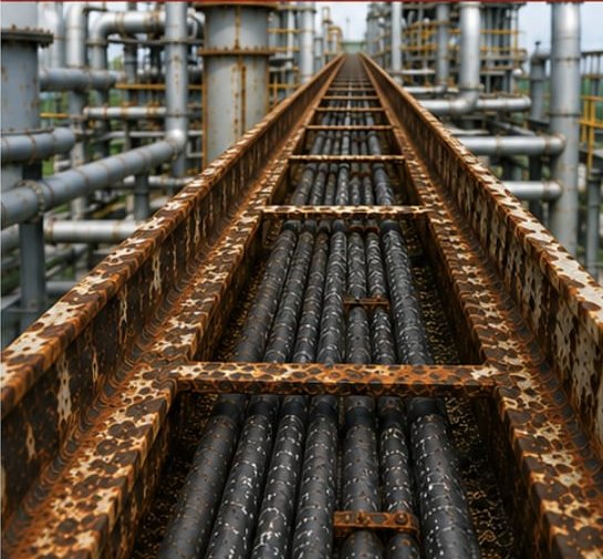 Heavily rusted steel cable tray in an industrial plant