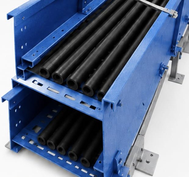SCORP FRP cable trays stacked in a tiered run