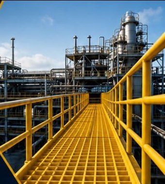 SCORP FRP walkway with yellow grating and handrails at a refinery